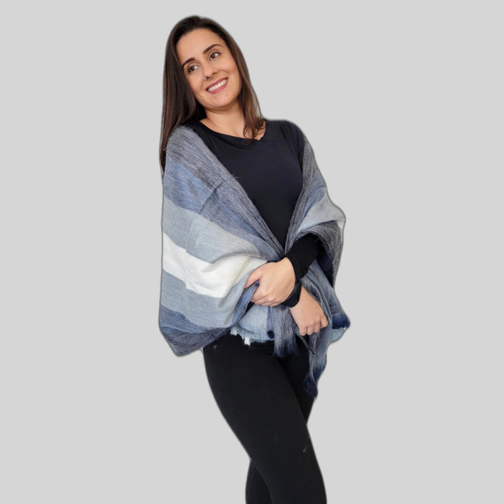 Wool  Shawl - Pelicano Blue Striped Alpaca Wool Shawl