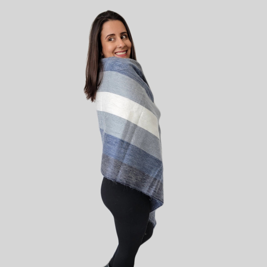 Wool  Shawl - Pelicano Blue Striped Alpaca Wool Shawl